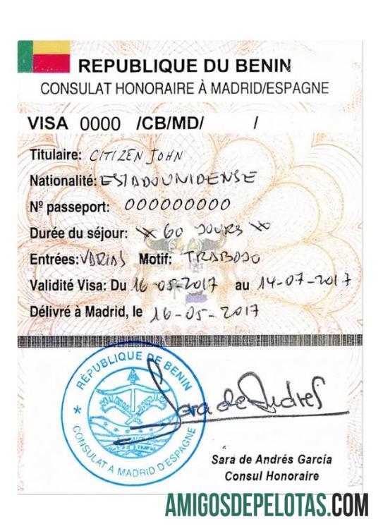 Visto de viagem para BENIN exemplo